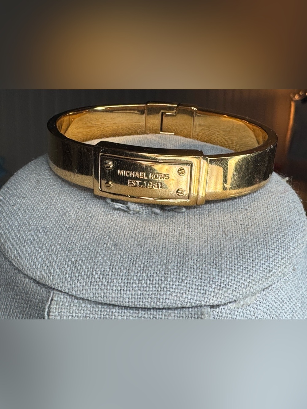 Michael Kors Rose Gold Tone Logo Plate Hinge Bangle Bracelet EST 1981